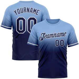 Custom Light Blue Navy-White Fade Fashion Performance T-Shirt