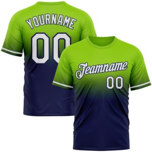 Custom Neon Green White-Navy Fade Fashion Performance T-Shirt