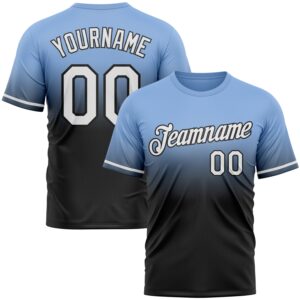 Custom Light Blue White-Black Fade Fashion Performance T-Shirt