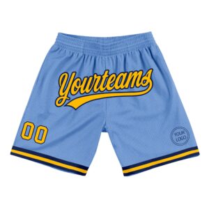 Custom Light Blue Gold-Navy Authentic Throwback Basketball Shorts