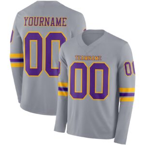 Custom Gray Purple-Gold Long Sleeve Authentic Football Jersey