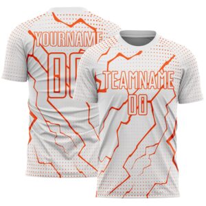 Custom White Orange Lightning Sports Sublimation Soccer Uniform Jersey