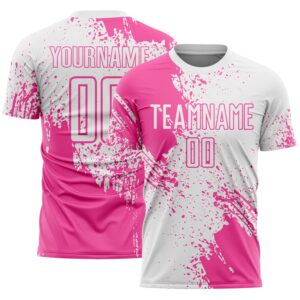 Custom White Pink Abstract Brush Stroke Sports Sublimation Soccer Uniform Jersey