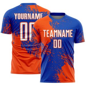 Custom Thunder Blue White-Orange Abstract Brush Stroke Sports Sublimation Soccer Uniform Jersey