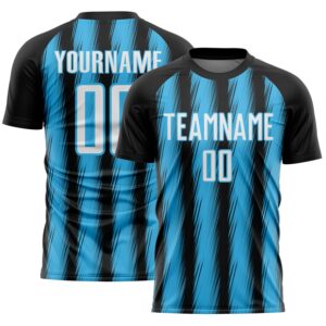 Custom Black White-Sky Blue Vertical Brush Stroke Stripes Sublimation Soccer Uniform Jersey